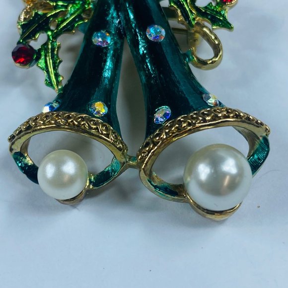 Long Two Bell Christmas Holiday Brooch Pin Holly Faux Pearls Rhinestone Bows - Picture 9 of 16